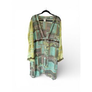 Vtg Alain Weiz Silk Swim Coverup size 16 V-Neck Boho Fairy Sequin Flowy